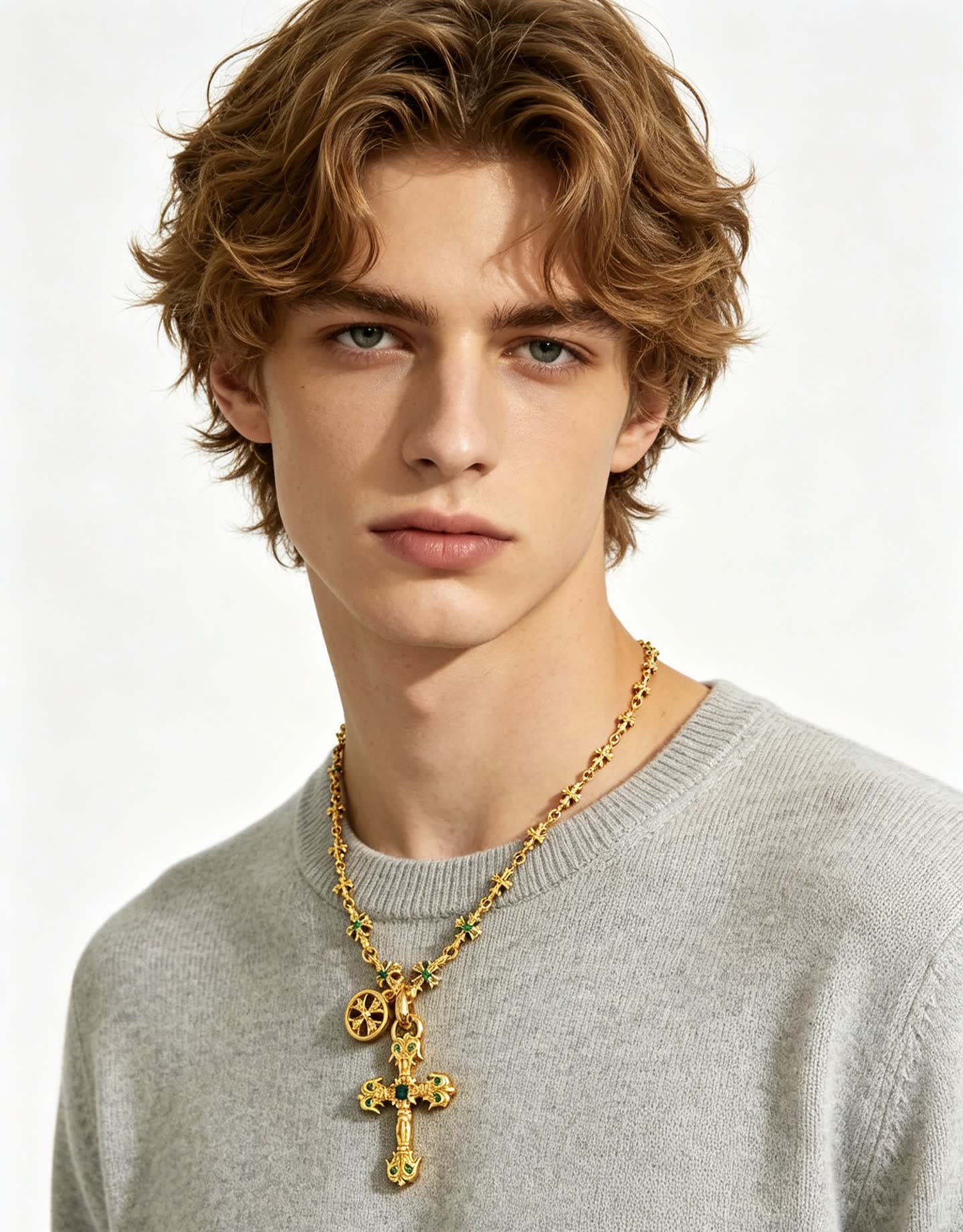 Chrome Hearts Gold Cross Pendant Necklace with Emerald Accents